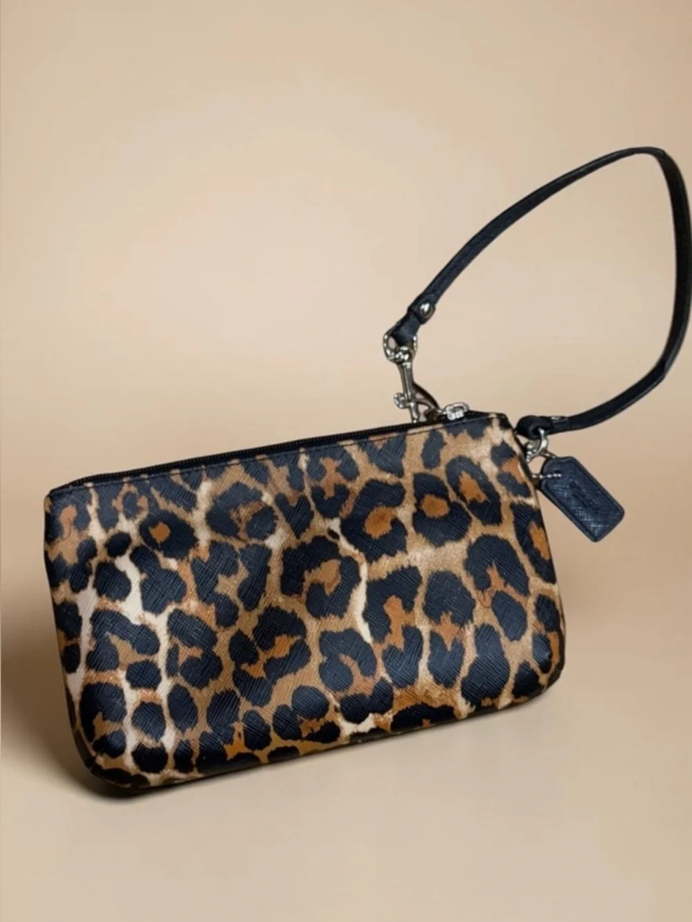 Coach Ocelot Leopard Print Wristlet with Front Pocket - Silver Tone